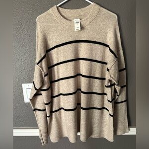 aerie Beige Cream Crewneck Sweater with Black Stripes